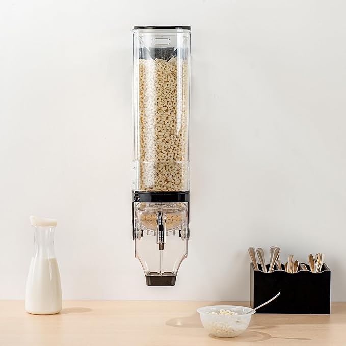 Restaurantware Cereal Dispenser 5 gal Plastic Wall-Mounted Gravity Bin Candy Dispenser Self-Serve Black Dry Food with Wall Mount Brackets for Breakfast Buffet or Hotel Use