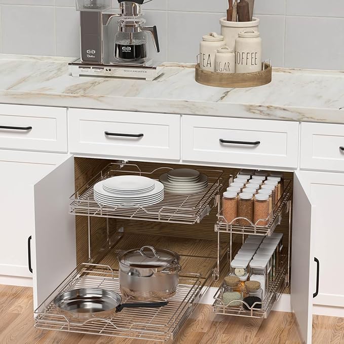 OCG 2 Tier Pull Out Cabinet Organizer (12.5" W x 21" D), Pull Out Drawers for Kitchen Cabinets, Pull Out Shelves for Base Cabinet Organization in Kitchen Bathroom Pantry, Chrome Finish