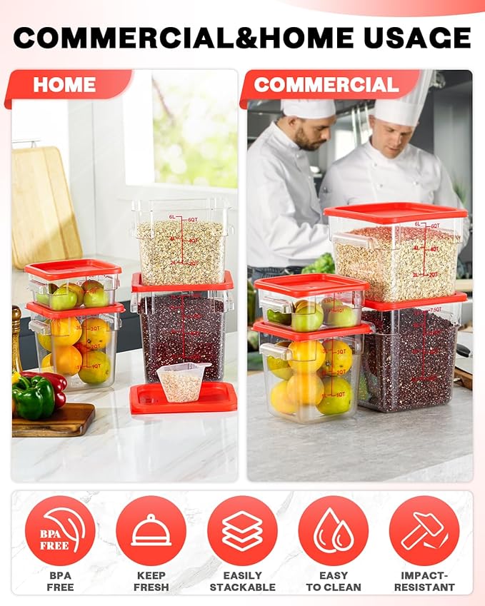 4QT NSF Food Storage Containers: 2 PCS [Food Grade][Hot&Cold Resistant] Commercial Clear Food Storage Containers with Lids for Restaurant Kitchen Proof Dough, Measuring Spoons Included(BPA FREE)