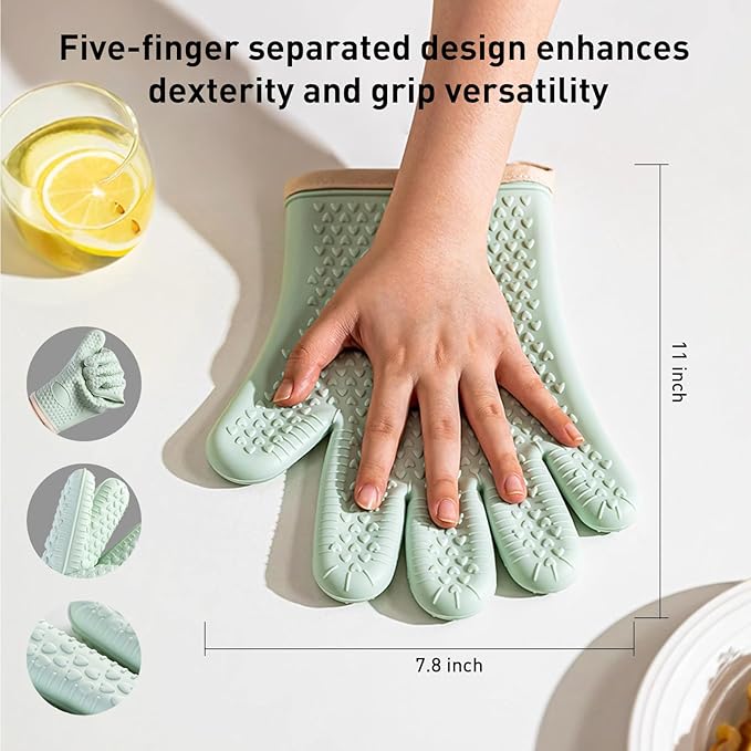 Silicone Oven Gloves with Fingers, High Temperature 450F Heat Resistant Oven Mitts Waterproof & Non-Slip Good Grip BBQ Grilling Gloves for Kitchen Cooking, Baking, Welding (Green) ﻿