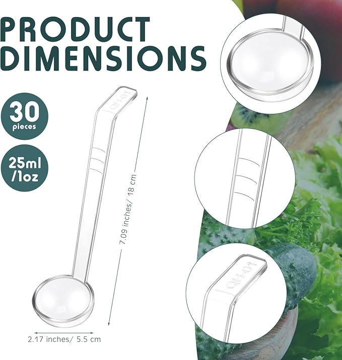 FoldTier 30 Pieces 7 Inches 1 oz Small Ladle Mini Plastic Gravy Ladle Long Handle Ladles for Serving Dressings Soup Punch Bowl Fruit Juices Soup Cocktail Parties (Clear)