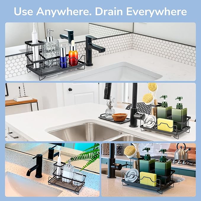 Sink Caddy & Organizer with Drain Tray, Countertop Holder for Sponges, Dishwashing Liquid, Long Handle Scrubber Compartment - Black