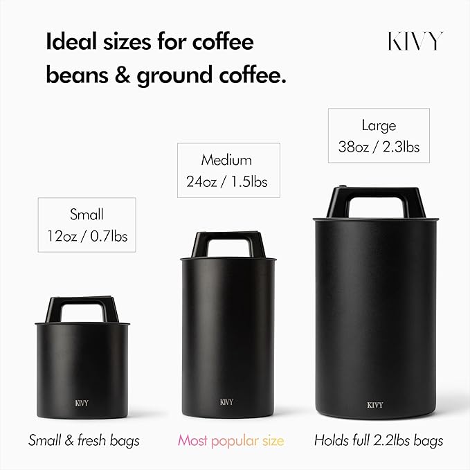 KIVY Vacuum Coffee Canister - Push Lid Preserves Coffee Aroma & Oil - Stainless Steel Airtight Coffee Canister - Container for Ground & Coffee Bean Storage - Coffee Storage Jar - Removes Excess Air