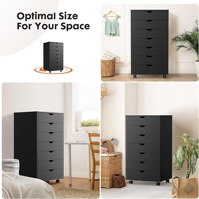 OLIXIS 7 Drawer File Cabinet, Mobile Filing Cabinet Under Desk Storage Organization with Wheels, Vertical Filing Chest Rolling Wood Small Desk Printer Stand for Home Office, Dark