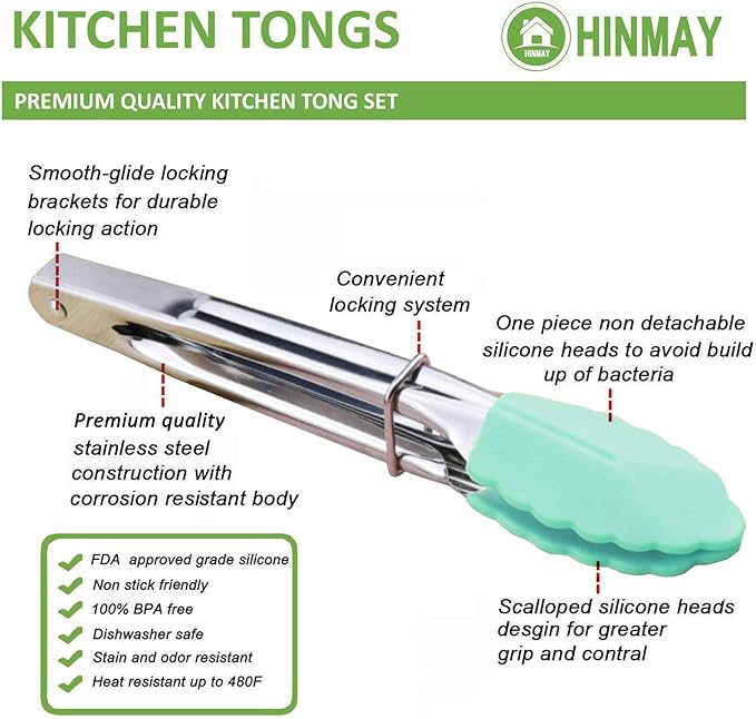 HINMAY Mini Tongs with Silicone Tips 7-Inch Small Serving Tongs, Set of 3 (Pink Mint Yellow)