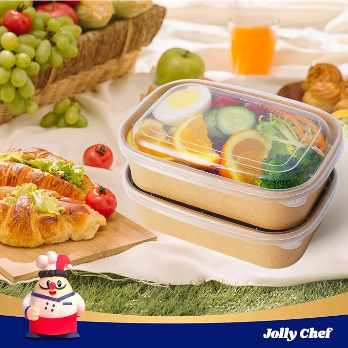 JOLLY CHEF 50 Pack Paper Food Containers with Lids, 19 oz Disposable Meal Prep Containers, Rectangular Paper Bowls with Lids for Thanksgiving, Christmas, Parties