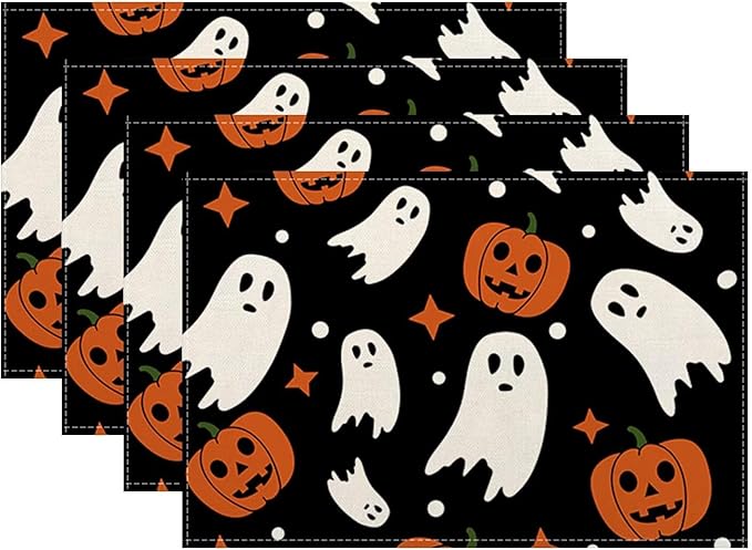 Halloween Orange Pumpkin Placemats 12x18 Inch Set of 4, Black and White Ghost Table Place Mat Autumn Cute Lantern Face Washable Table Mats Decorative Linen Fabric Table Mat for Dining Table