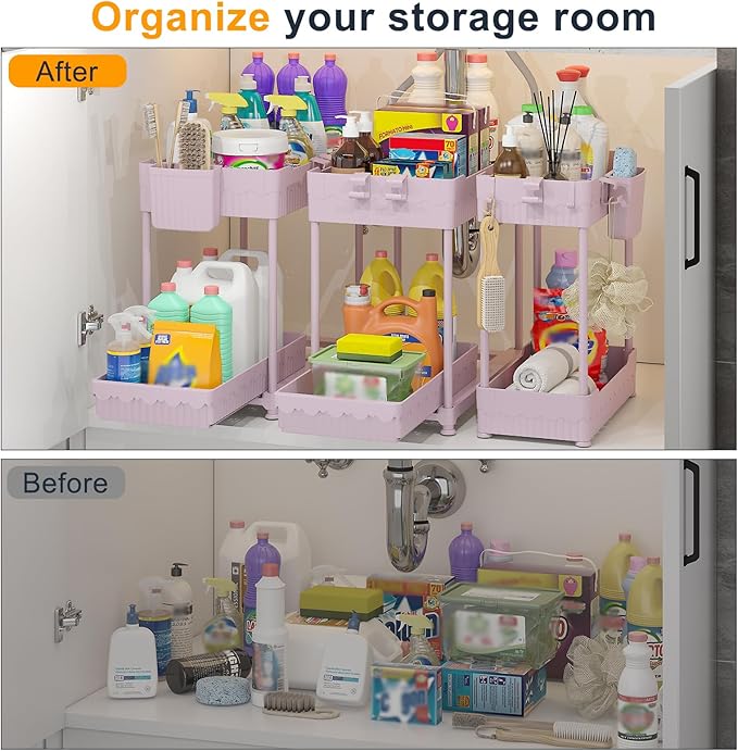 Sevenblue 3 Pack Under Sink Organizers, 2-Tier Multi-Use Kitchen and Bathroom Organizers and Storage with Sliding Drawers, Bathroom Cabinet Organizer (Pink, 14.8 Inch)