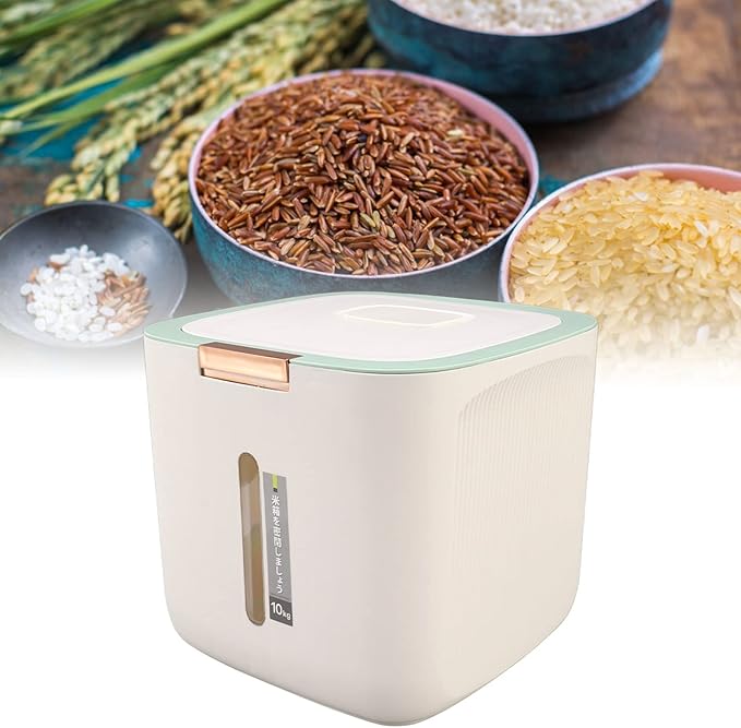 Pssopp Rice Storage Container, 22.lb Food Storage Container with Lid and Measuring Cup, Moistureproof Cereal Grain Storage Box for Beans Grain Flour and Pet Food (Light Green)
