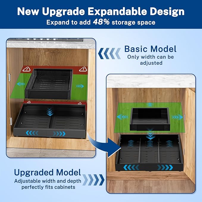 Insputer 1 Pack Pull Out Cabinet Organizer Expandable (12.4"-20.08")W & (16.26"-22.44")D, No Drill Slide Out Drawers with 3 Slide Rail, 2Pcs Magnetic Panel, Adhesive Roll Out Shelf for Kitchen, Pantry