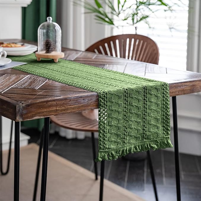 Alynsehom Macrame Table Runner Green Boho Table Runners with Tassels Hand Woven Cotton Table Runner Rustic Farmhouse Table Runners for Bohemian Kitchen Dining Table(12x95in)