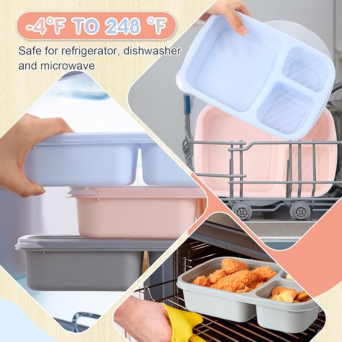Honeydak 5 Pack Snack Containers 3 Compartment Bento Snack Boxes Divided Meal Prep Containers with Lids Reusable Adults Lunch Food Storage Box for School Work Travel(Blue Gray Brown)