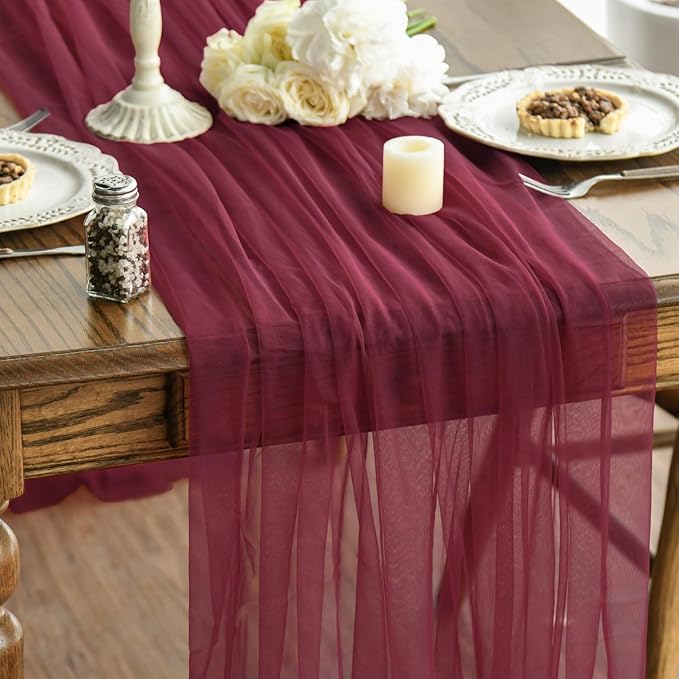 Artoid Mode Burgundy Gauze Table Runner 120 Inch 10FT, Seasonal Sheer Kitchen Dining Holiday Wedding Birthday Baby Shower Table Decor for Home Party