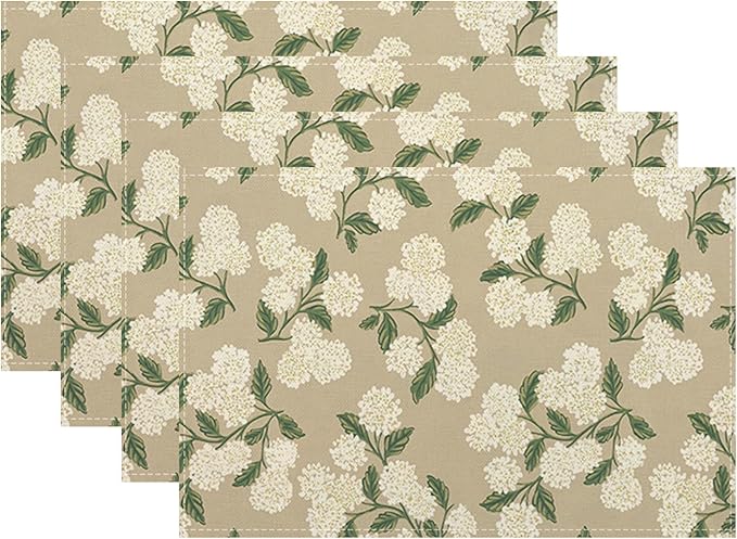 Beige Placemats Set of 4 Khaki Green Hydrangea Flower Decor Place Mats 12x18 Inch Vintage Floral Spring Summer Seasonal Decorative Linen Table Mats for Kitchen Dining Party Table Decoration