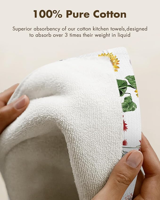 Miss Adola 2pcs Waffle Kitchen Towels - 16x26 Inch Cotton Waffle Weave Dish Cloths Set of 2 with Hanging Loop Absorbent Hand Tea Towels Cute Design for Housewarming Gift, Cat in Flowers