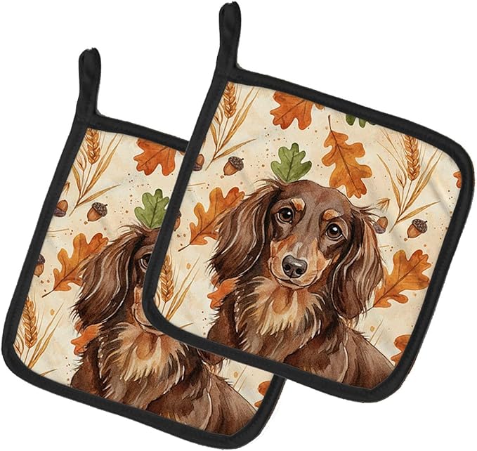 Caroline's Treasures Longhaired Chocolate and Tan Dachshund Heirloom Fall Pair of Pot Holders Pair 7.5x7.5 Quilted Insulated Hot Pads Decorative Kitchen Gift Made in USA