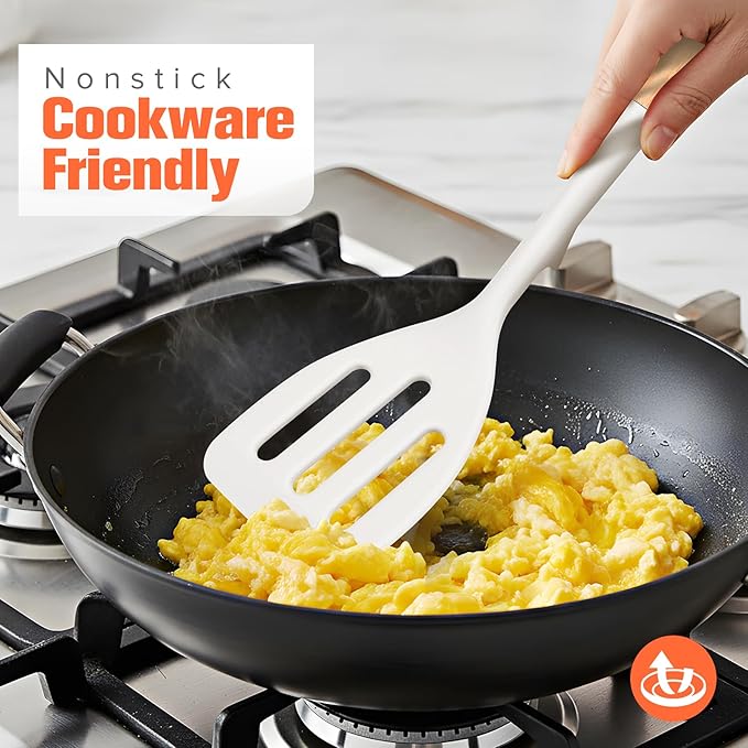 Silicone Cooking Spatula, Heat Resistant Solid Turner, Slotted Spatulas with Wooden Handle,Ideal Wood Kitchen Utensils Set for Frying, Baking, Flipping, Turning,Pack of 2 (White)
