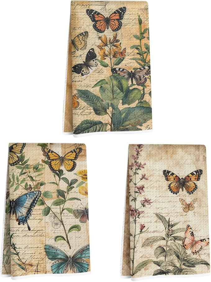 3 Pcs Vintage Butterfly Kitchen Towels, Artistic Decorative Absorbent Microfiber Dish Cloth Tea Towel, Botanical Waffle Hand Towels for Farmhouse Home Bathroom, Butterfly Gifts for Women 1