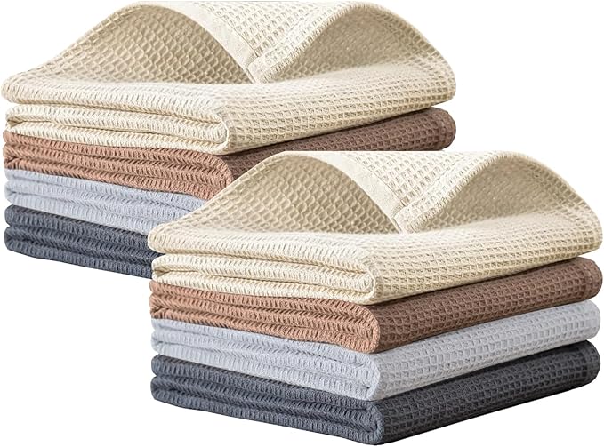 PY HOME & SPORTS Dish Towels Set, 100% Cotton Waffle Weave Kitchen Towels 8 Pieces, Super Absorbent Kitchen Hand Dish Cloths for Drying and Cleaning 17 x 25 Inches