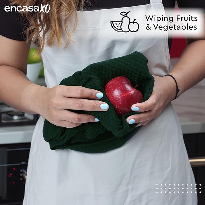 Encasa XO Kitchen Dish Towels Set | Dark Green | Waffle Weave and Flat Hand Tea Towel | 28"x18" | Quick Drying Reusable Cotton Washcloths | Multipurpose Lightweight Dishcloths Set of 4