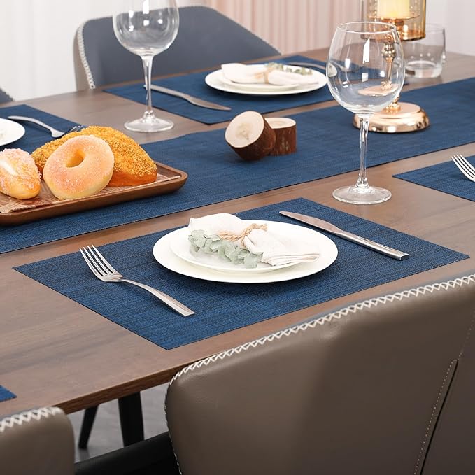 Myir JUN Placemats Set of 6, Vinyl Woven Placemats Place Mats Indoor Washable Table Mats Non-Slip Place mats for Dining Table (Dark Blue, Set of 6)