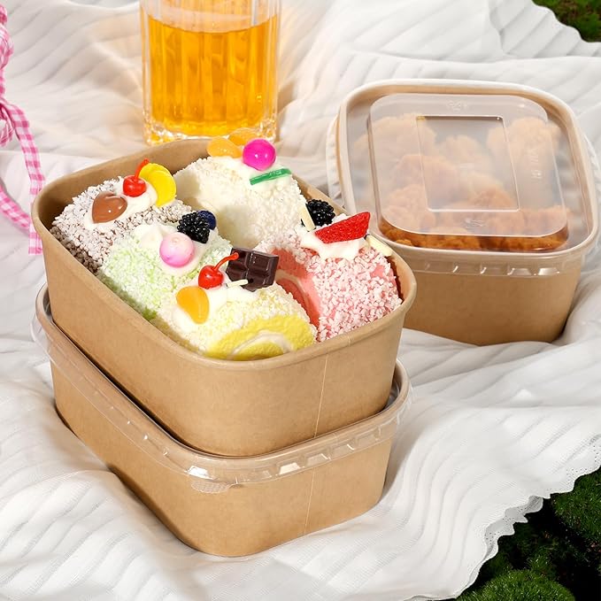 50 Pack 22oz Disposable Kraft Paper Bowls with Lids, Rectangle Meal Prep Containers Bulk, Large Paper Salad Bowl, Leakproof Food Containers Treat Soup Serving Bowls, Microwave Safe for Hot/Cold Food
