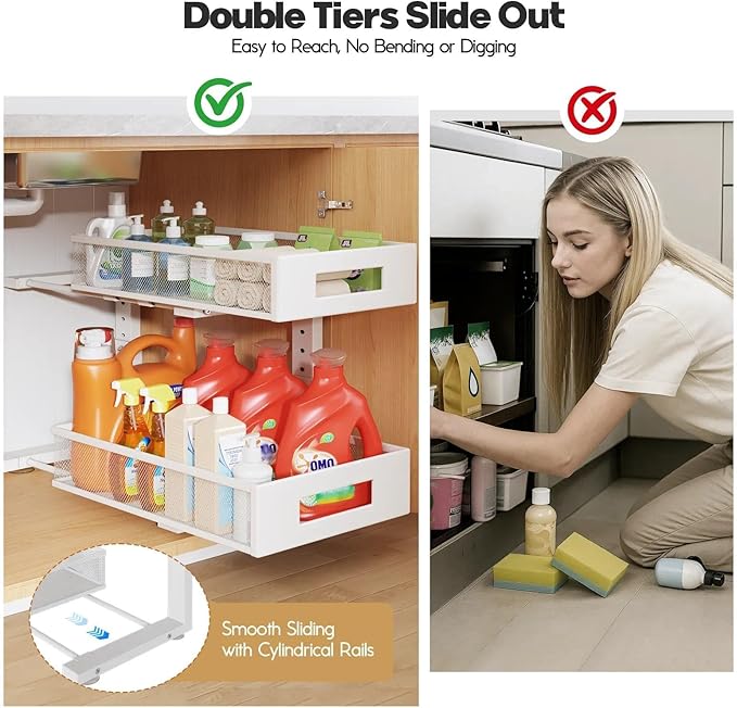 2 Packs 17IN Depth Under Sink Organizer, 2-Tier Pull Out Cabinet Organizer With Smooth Circular Rail, Large Capacity Metal Mesh Sliding Drawers For Bathroom& Kitchen Storage,Height Adjustable –White