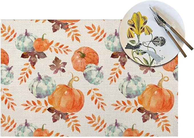 Fall Pumpkin Placemats 12x18 Inch Set of 4, Blue Orange Pumpkin Thanksgiving Table Place Mat Autumn Watercolor Harvest Washable Table Mats Decorative Linen Fabric Table Mat for Dining Table