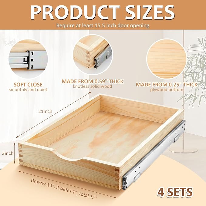 Sintuff 4 Pack Wooden Pull out Tray Cabinet Organizer Gentle Close Roll out Shelves for Kitchen Cabinets Fully Assembled Slide Pantry Shelves (15'' X 21'')