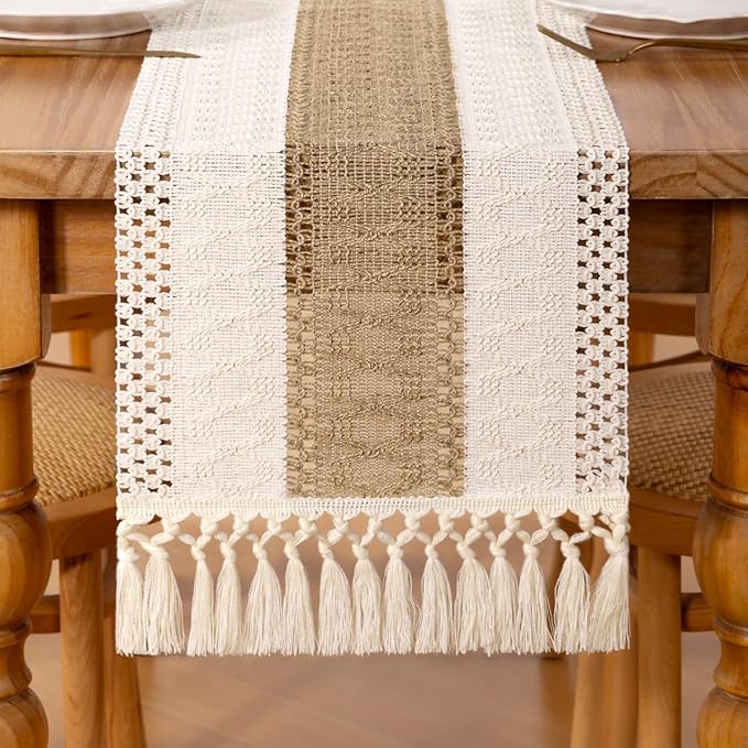 DeZerlor Boho Macrame Table Runner Spring Easter Farmhouse Woven Table Runner with Tassels 72 Inches Ivory& Burlap Brown Cotton Linen Kitchen Table Decor for Dining Dresser Home Tea Table Decor