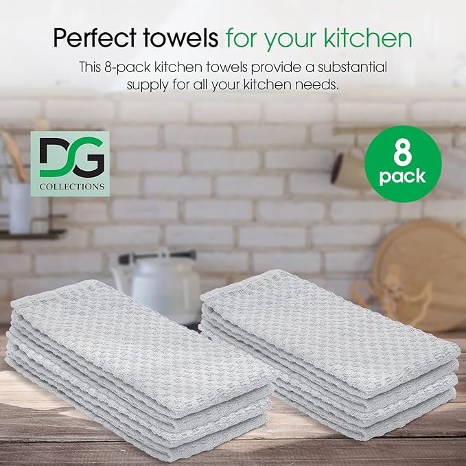 DG Collections Premium Dish Towels for Kitchen, 8 Pack, 15x25 Inch - 100% Cotton Kitchen Towels with Hanging Loop, Highly Absorbent, 400 GSM Bar Mop Cleaning Towels - Ash Grey