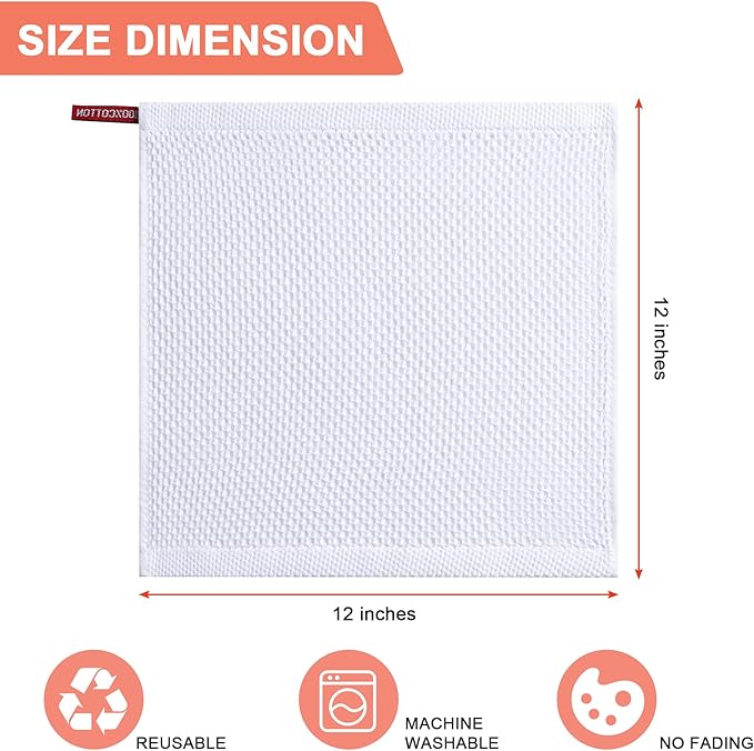 BOOMIBOO 6-Pack Kitchen Dish Cloths, 100% Cotton Waffle Weave, Ultra Soft Absorbent, Quick Drying Dish Towels, 12x12 Inches,White