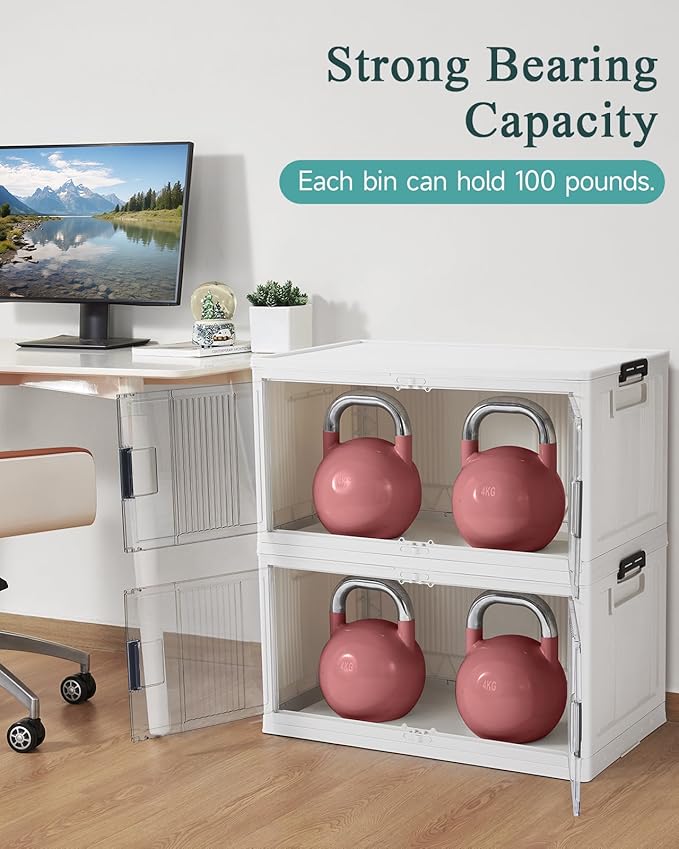 OlarHike 97QT Stackable Storage Bins with Lids - Folding Storage Box with Doors and Wheels, Collapsible Plastic Storage Drawers for Closets and Organization, Garage, Office, Cabinet, 4 Pack Cubes