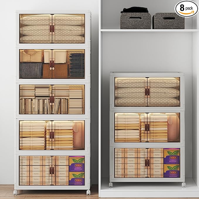 UAMFURI Stackable Storage Bins with Lids, 960QT Closet Organizers, Lockable Storage Cabinet, Foldable Storage Box with Doors and Wheels, Plastic Drawers for Home, Garage, Office (8, White, Large)