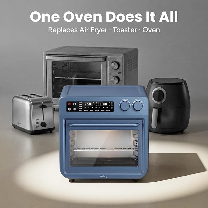 SMIRLY Digital Air Fryer Toaster Oven Combo, 27QT Convection Countertop Oven, 10-in-1 Multi-Function Fits 12" Pizza & 6 Slices of Toast, Stainless Steel, Blue