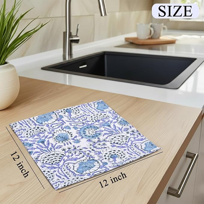 CPC Indigo Blue Hand Block Printed Cotton Waffle Dish Cloth Set of 6-12x12 Inch Super Absorbent, Soft, Reusable Kitchen Towels for Dish Drying & Cleaning Ideal for Spring, Mother's Day