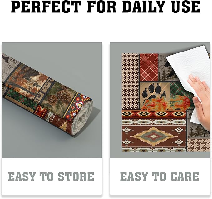 Rustic Lodge Bear Deer Placemats Set of 4, 12x18 Inch Vintage Cabin Pine Cone Wild Animal Place Mats Boho Style Country Heat Resistant Table Mats for Holiday Party Kitchen Dining Table