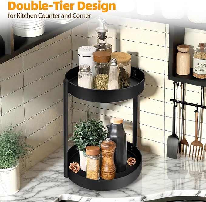 2 Tier Metal Lazy Susan Organizer, 12 Inch Rotating Turntable Double Lazy Susans for Cabinet Kitchen Bathroom, Anti-Rust Two Tiered Spinner Tray Carousel Organizer for Spice Rack Countertop Black