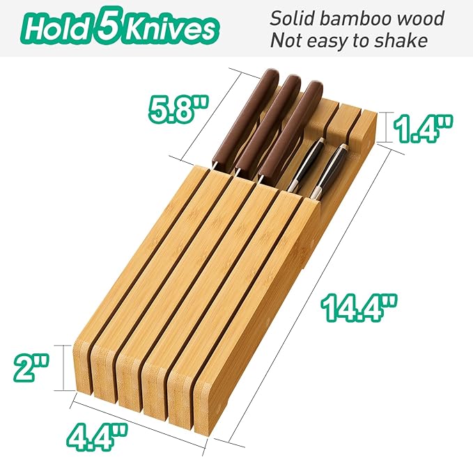 Knife Organizer Drawer Insert, In-Drawer Bamboo Wood Knife Block, Drawer Knife Storage Steak Knife Holder Without Knives, Holds up to 5 Knives