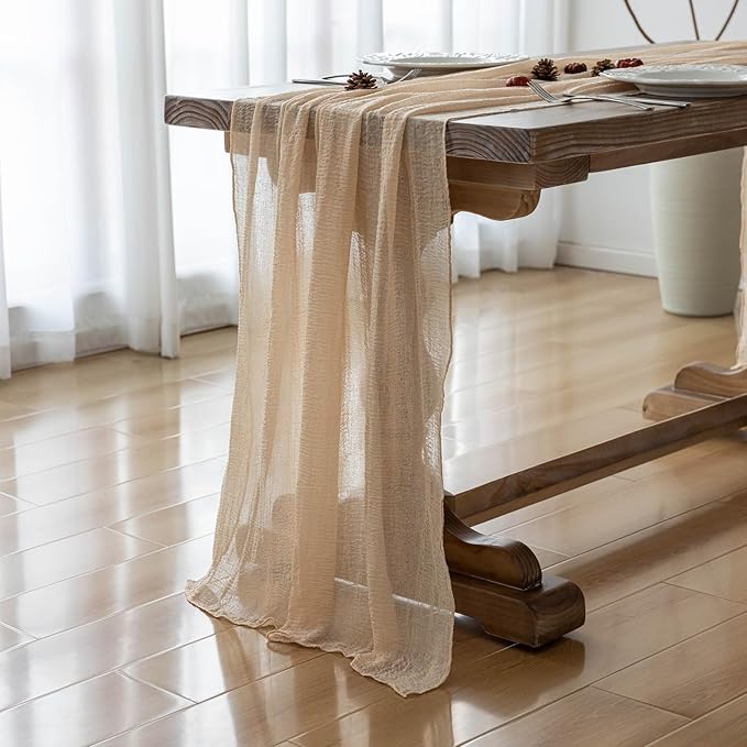 Keketoarrange Deep Beige Cheesecloth Table Runner Rustic Boho Butter Gauze 120 Inch 10 FT Cheese Cloth for Wedding Baby Bridal Shower Birthday Engagement Party Long Sheer Spring Home Decorations