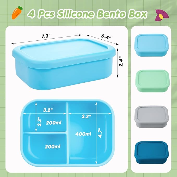 Layhit 4 Pcs Silicone Bento Box for Adults, 27 oz Bento Lunch Container Reusable 3 Compartment Lunchable Food Container for Women Men, Leak Proof Microwave Dishwasher Freezer Safe (Cool Colors)