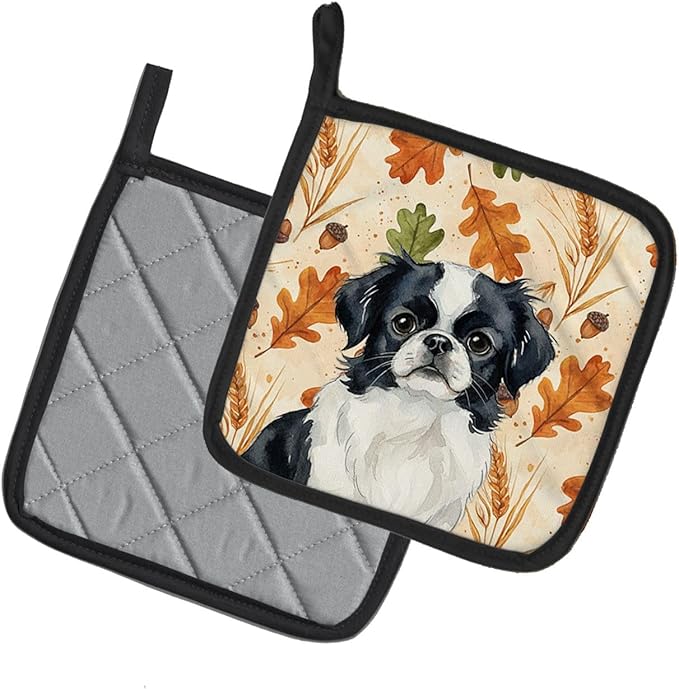 Caroline's Treasures Black and White Japanese Chin Heirloom Fall Pair of Pot Holders Pair 7.5x7.5 Quilted Insulated Hot Pads Decorative Kitchen Gift Made in USA