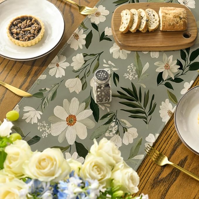 Artoid Mode Olive Green Daisy Flowers 210 GSM Spring Table Runner, Seasonal Summer Kitchen Dining Table Decoration for Home Party Decor 13x120 Inch
