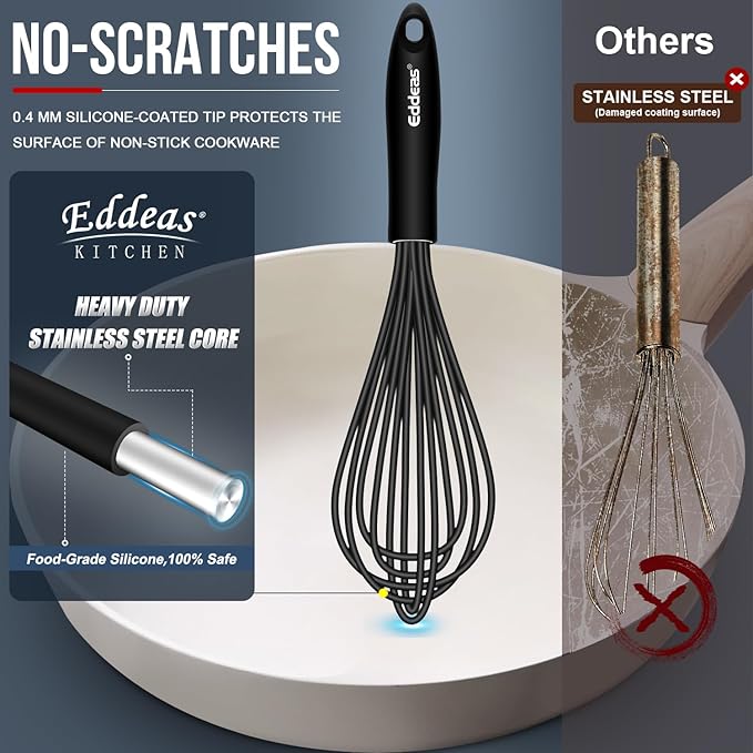 Eddeas Silicone Whisk - Non Scratch Whisks for Cooking, 500°F Heat Resistant Siliocne Wisk tool, Heavy Duty Kitchen Whisks, for Blending, Beating, set of 4 (5+7+9+11 inch) Black