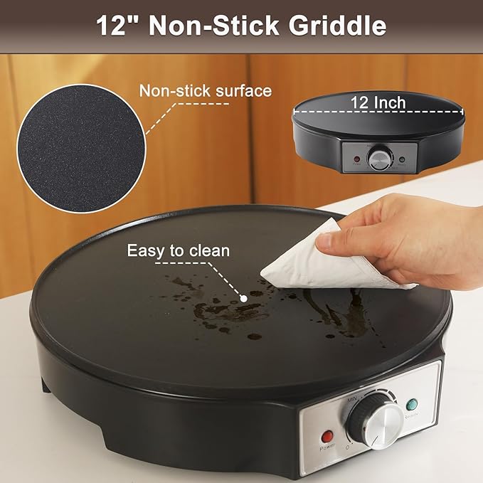 UVFAST Electric Crepe Maker 12'' & Griddle - Non-Stick Pan With Spreader for Roti, Tortilla, Blintzes, Pancakes - Adjustable Temperature, 1000W