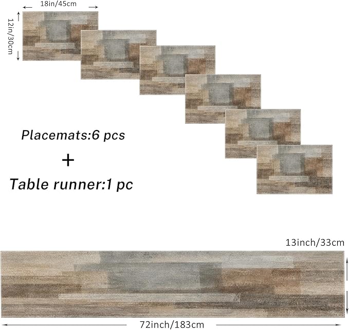 ArtSocket Farmhouse Table Runner and Placemats Set of 6, Abstract Brown Grey Painting Art Dining Decor for Daily Use(1 Table Runner 72 inches Long and 6 Placemats)