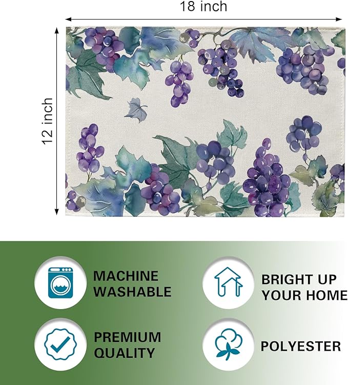 Watercolor Grapes Placemats Set of 4, Spring Summer Sweet Fruit Dining Table Place Mats, Farmhouse Kitchen Decor Home Decoration 12 x 18 Inches