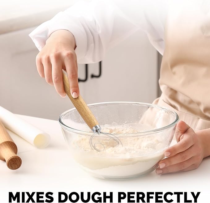 Zulay Kitchen Double-Eye 13" Danish Dough Whisk - Durable Easy Mixing Bread Whisk, Stainless Steel Danish Dough Hook, Sourdough Whisk For Mixing, Traditional Dutch Whisk, Dough Mixer Tool - Acacia