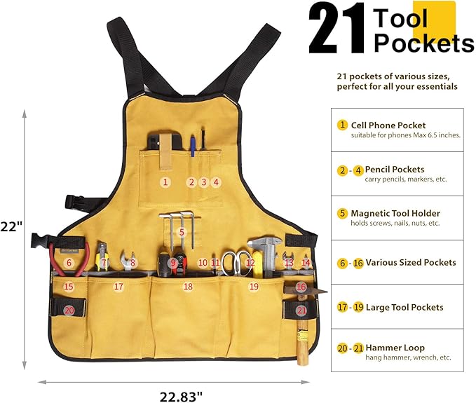 Work Tool Apron for Men and Women, Torso Length with 21 Tool Pockets, Durable Canvas Apron, DIY Enthusiasts, Gifts for Men for Christmas(Yellow)