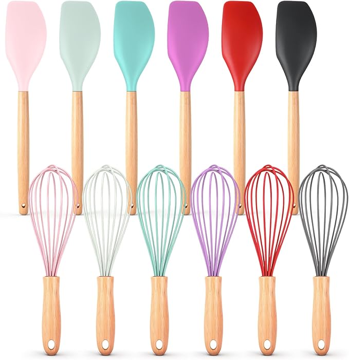 Funnymoom 12 Pcs Small Silicone Whisks and Spatulas with Wooden Handle for Cooking 10 Inch Mini Whisk Spatula Non Stick Kitchen Baking Essentials Cookware for Valentines Day Party Favor Gift Supplies